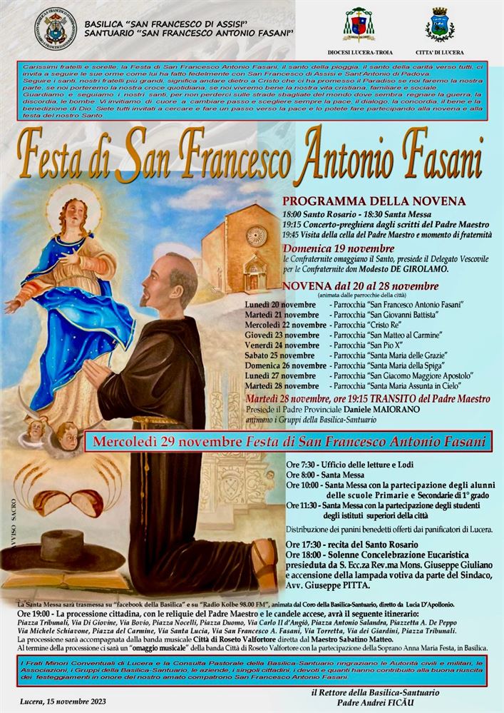 Festa di San Francesco Antonio Fasani, il programma dei festeggiamenti 