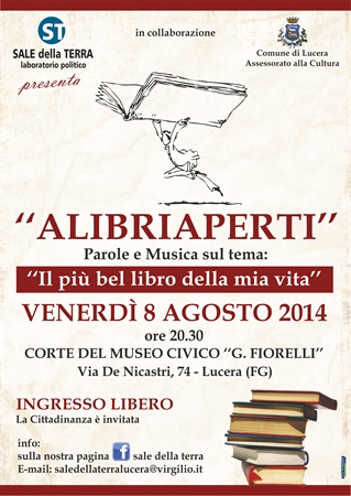 A Lucera reading letterario 'Alibriaperti', parole e musica sul tema 'Il più bel libro della mia vita'