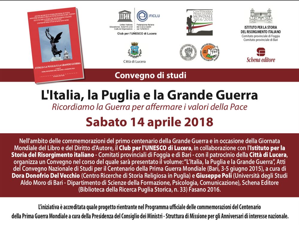 Club per l'UNESCO Lucera: convegno 'L'Italia, la Puglia e la Grande Guerra'